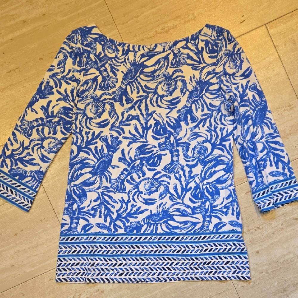 Lilly Pulitzer Blue/White Ocean Theme Design Print Top